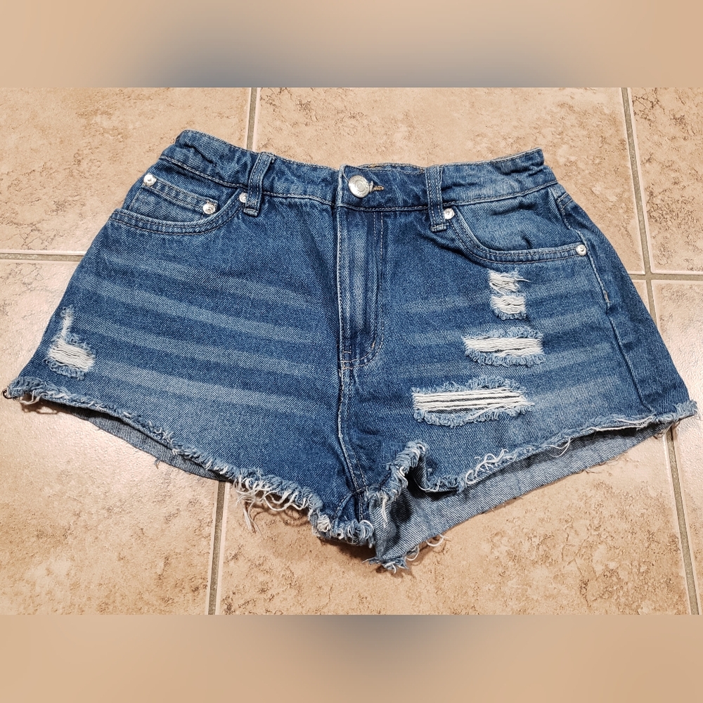 Blue Distressed Jean Shorts with Frayed Hem 100% Cotton